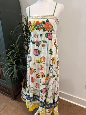 Rachel Zoe Maxi Linen Dress Flared White Paradise Tropical Print XS